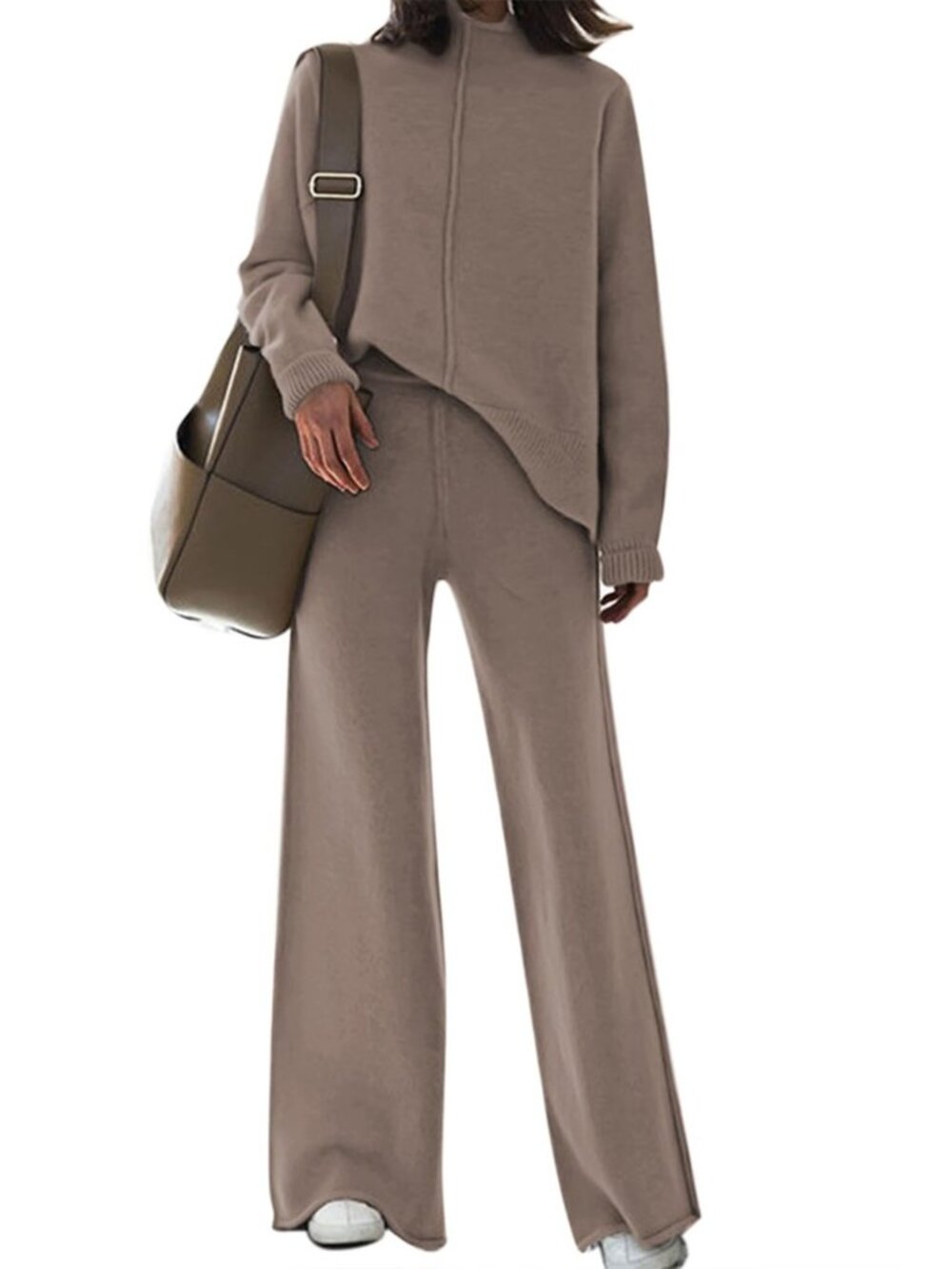Women Sweater Set 2 Piece Knit Sweatsuit Turtleneck Sweater Top and Wide Leg